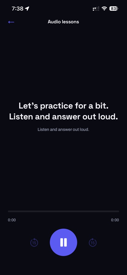 An Envoz audio lesson: 'Let's practice for a bit. Listen and answer out loud.'