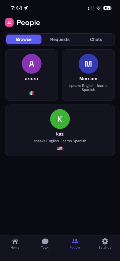 The Envoz People screen, browsing other learners by the languages they speak and are learning.