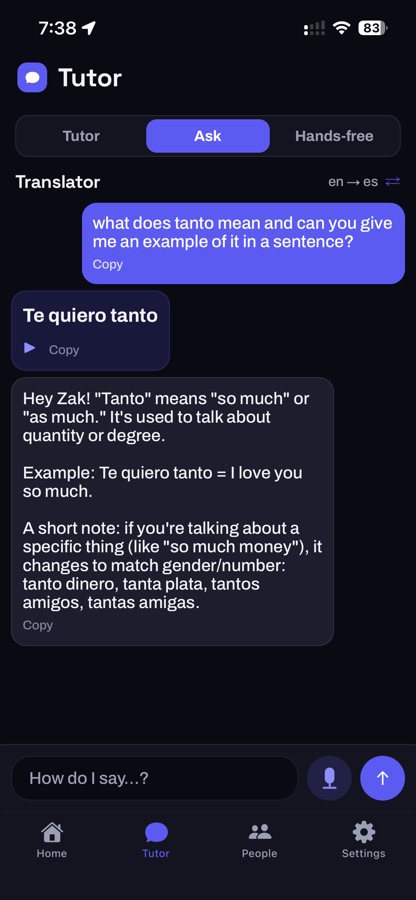 The Envoz tutor answering a question about the Spanish word 'tanto' with an example sentence.