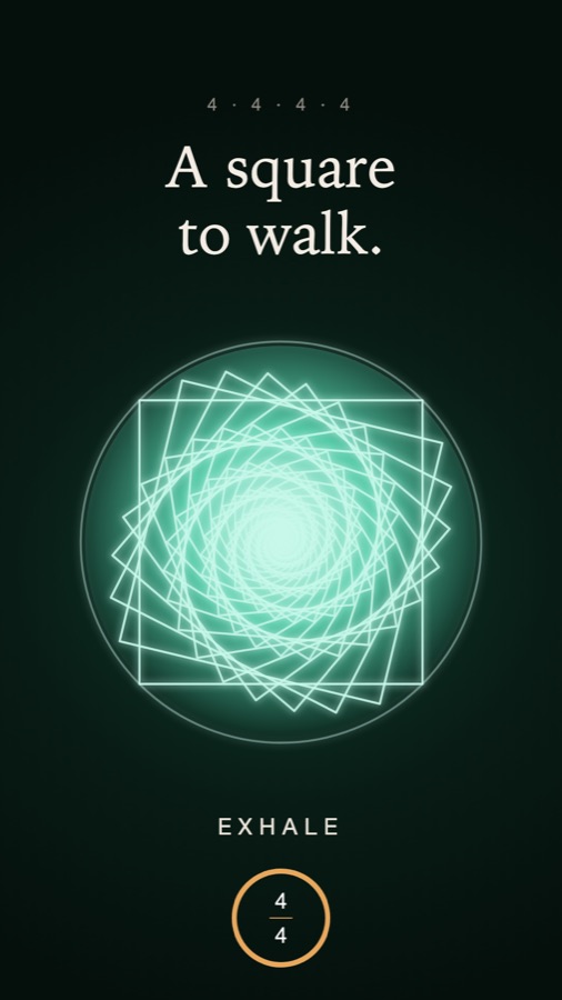 Pyreva box breathing session with a spiral geometry glyph.