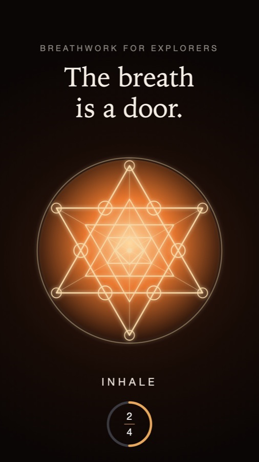 A Pyreva session screen: a glowing geometric medallion on near-black, with the line 'The breath is a door.'