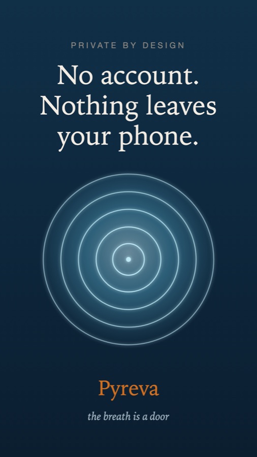 Pyreva privacy screen: 'No account. Nothing leaves your phone.'